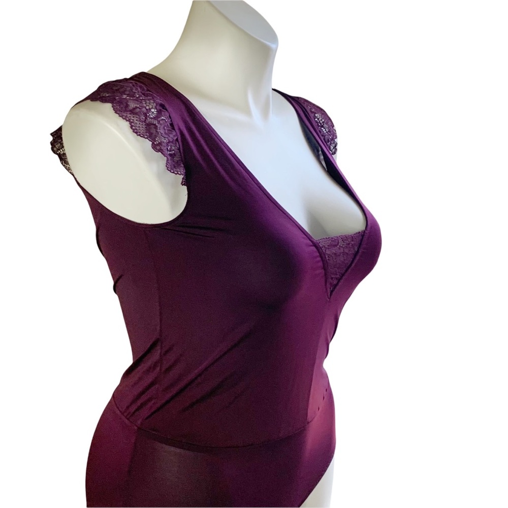 Adore Me Plum/ Burgundy Lace Lingerie Bodysuit Lace Cap Sleeves